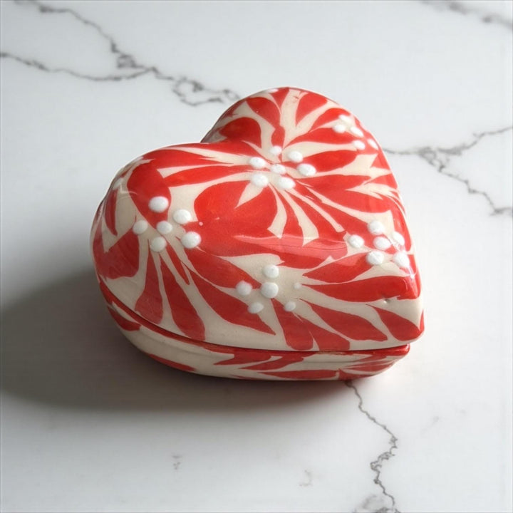 Hand Painted Ivory and Orange Talavera Heart Jewelry Trinket Box