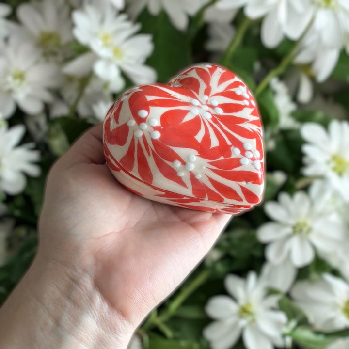 Hand Painted Ivory and Orange Talavera Heart Jewelry Trinket Box