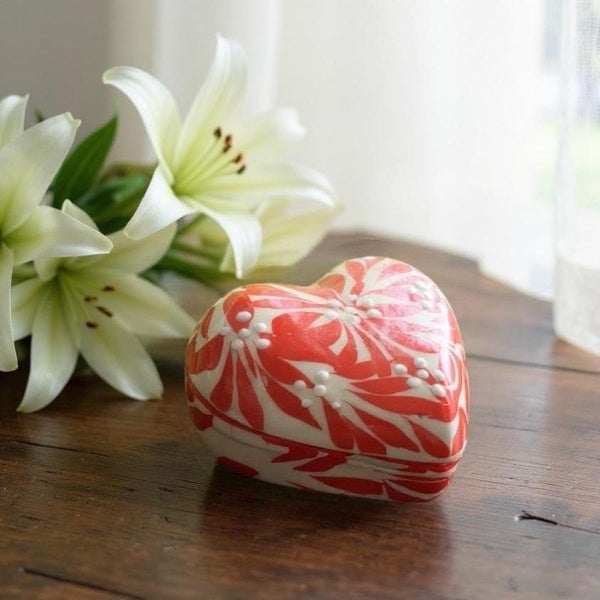 Hand Painted Ivory and Orange Talavera Heart Jewelry Trinket Box