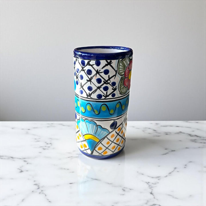 Beautiful Hand Painted Dark Blue Rim Floral Talavera Tumbler Cup – Assorted Sizes
