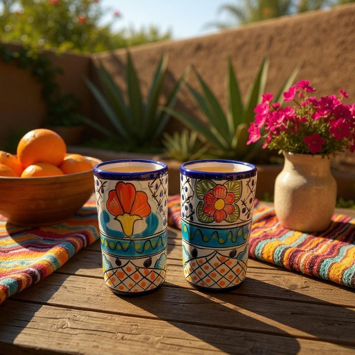 Beautiful Hand Painted Dark Blue Rim Floral Talavera Tumbler Cup – Assorted Sizes
