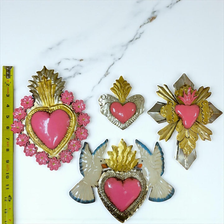 Handmade Mexican Pink Tin Hearts Wall Decor – Assorted Designs (Corazon Sagrado Inspired)