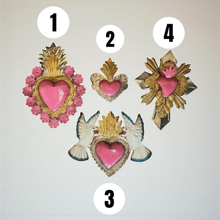 Handmade Mexican Pink Tin Hearts Wall Decor – Assorted Designs (Corazon Sagrado Inspired)