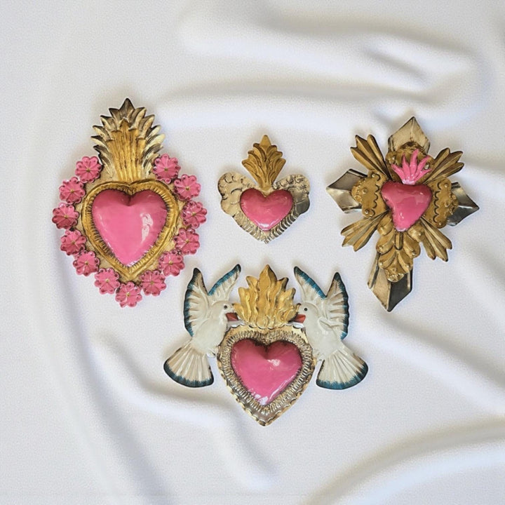 Handmade Mexican Pink Tin Hearts Wall Decor – Assorted Designs (Corazon Sagrado Inspired)