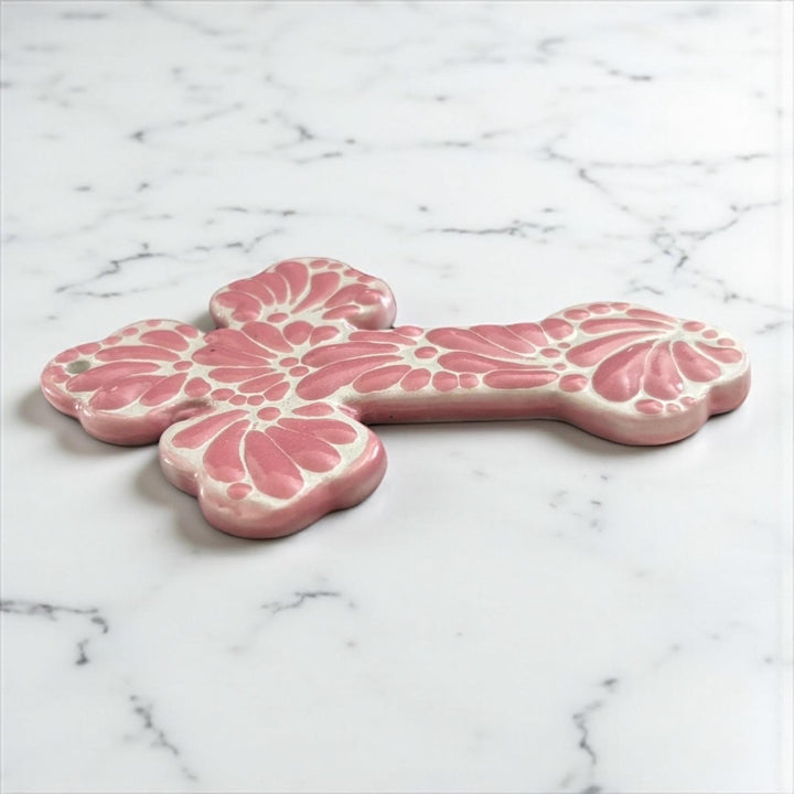 Hand Painted Traditional White and Pink Talavera Cross Wall Decor