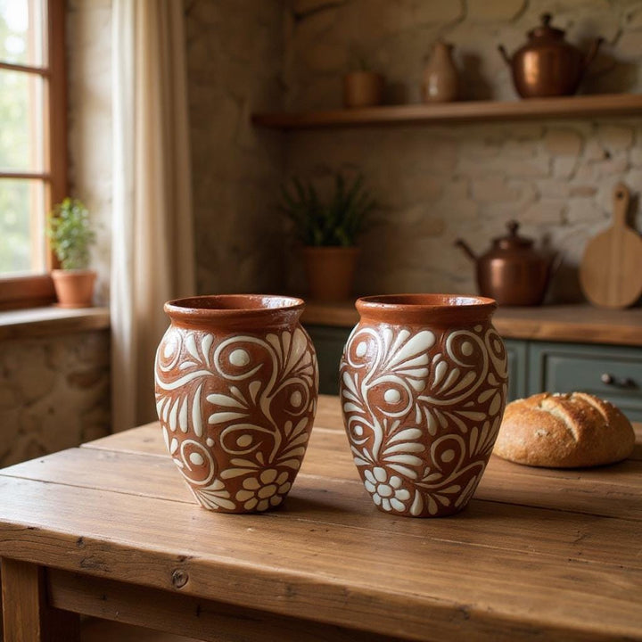 Hand Painted Talavera Brown and White Large Rustic Cantarito – Assorted Quantities