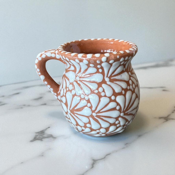 Hand Painted Mexican Talavera Brown and White Cantarito with Handle Coffee Mug (Cielito Lindo Inspired) – Set of 2