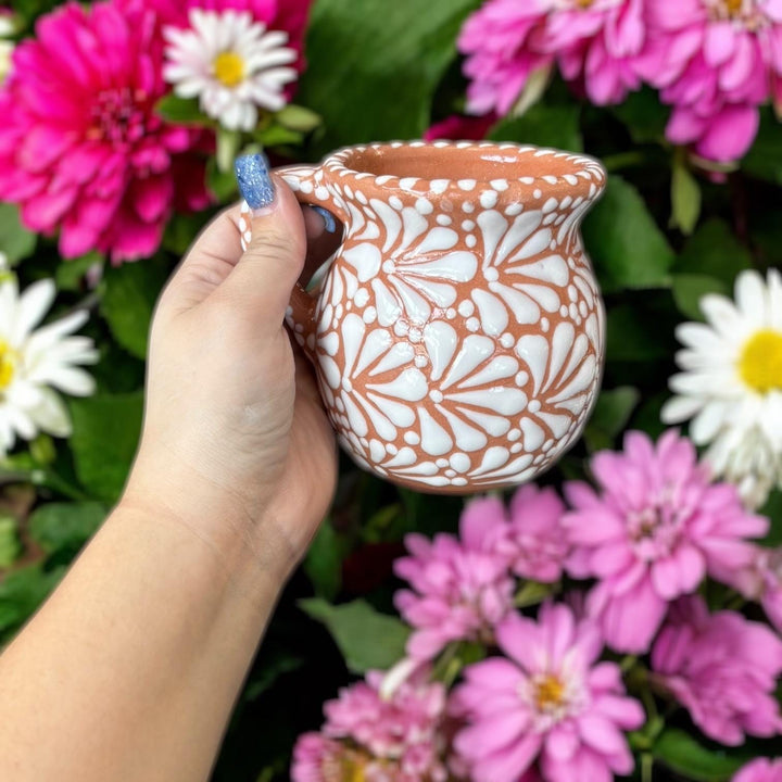 Hand Painted Mexican Talavera Brown and White Cantarito with Handle Coffee Mug (Cielito Lindo Inspired) – Set of 2