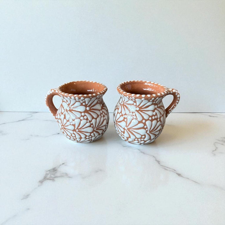 Hand Painted Mexican Talavera Brown and White Cantarito with Handle Coffee Mug (Cielito Lindo Inspired) – Set of 2