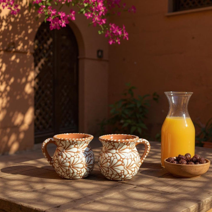 Hand Painted Mexican Talavera Brown and White Cantarito with Handle Coffee Mug (Cielito Lindo Inspired) – Set of 2