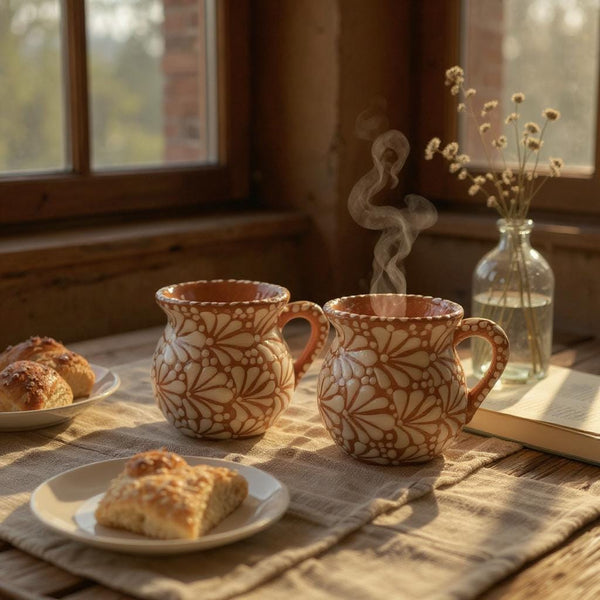 Hand Painted Mexican Talavera Brown and White Cantarito with Handle Coffee Mug (Cielito Lindo Inspired) – Set of 2