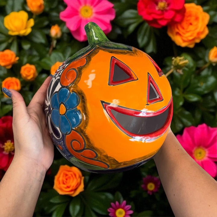 Hand Painted Mexican Talavera Halloween Hollow Orange Pumpkin Luminary (Varying Design)