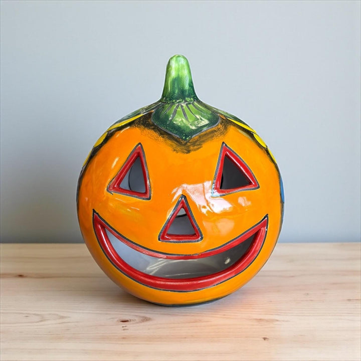Hand Painted Mexican Talavera Halloween Hollow Orange Pumpkin Luminary (Varying Design)