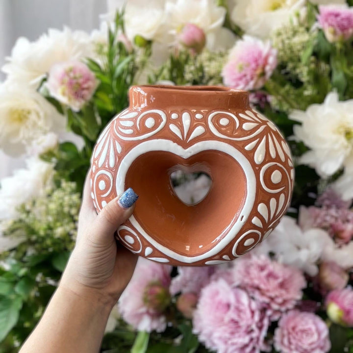 Hand Painted Mexican Talavera Brown and White Floral Heart Donut Vase