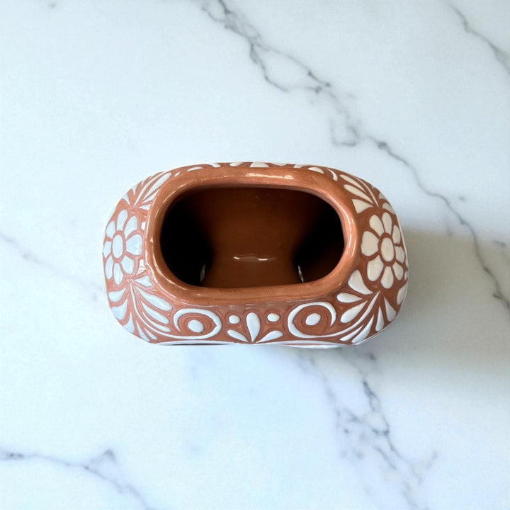Hand Painted Mexican Talavera Brown and White Floral Heart Donut Vase