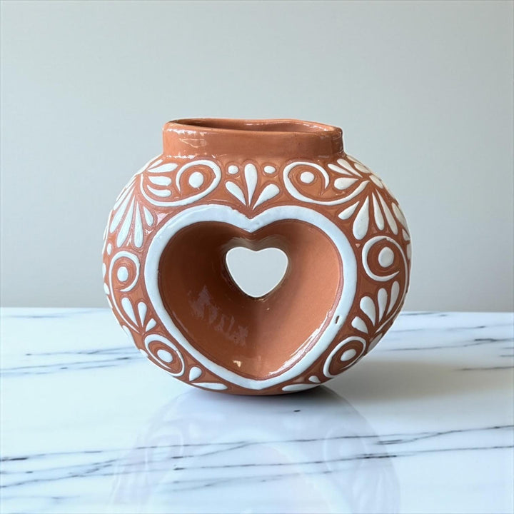 Hand Painted Mexican Talavera Brown and White Floral Heart Donut Vase
