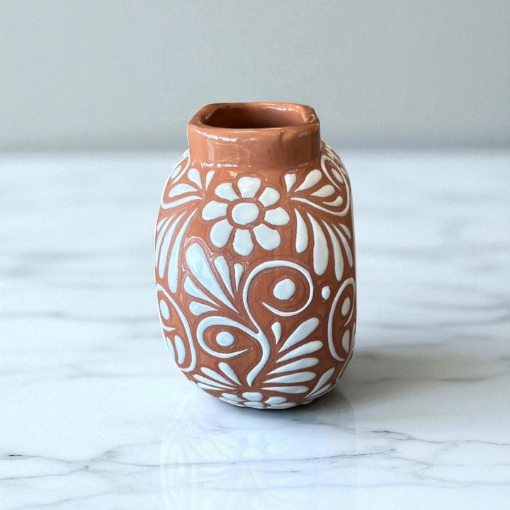 Hand Painted Mexican Talavera Brown and White Floral Heart Donut Vase