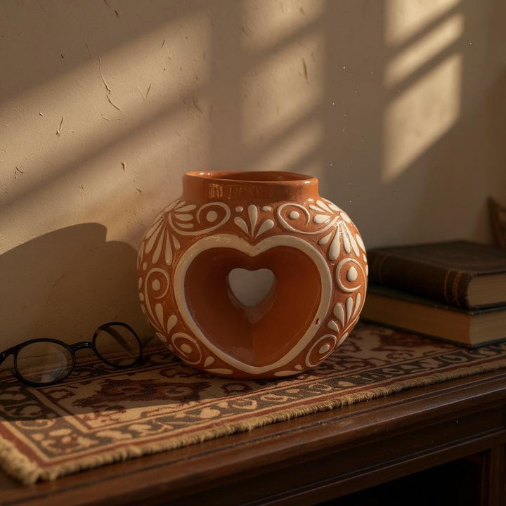 Hand Painted Mexican Talavera Brown and White Floral Heart Donut Vase