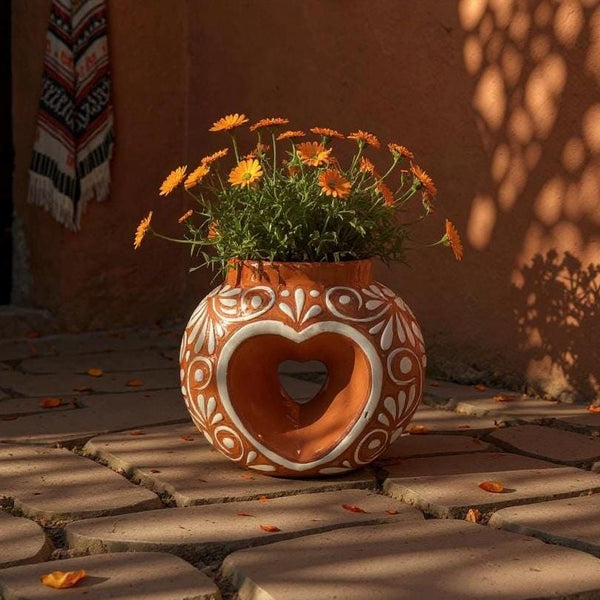 Hand Painted Mexican Talavera Brown and White Floral Heart Donut Vase