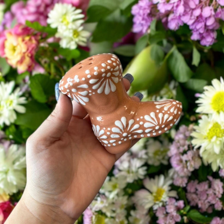 Hand Painted Mexican Talavera Brown and White Cowboy Boot Salt & Pepper Shaker Set