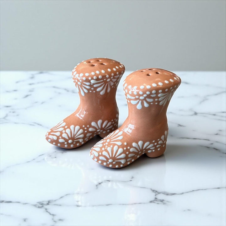 Hand Painted Mexican Talavera Brown and White Cowboy Boot Salt & Pepper Shaker Set