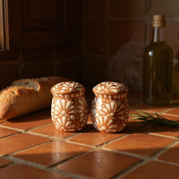 Hand Painted Mexican Talavera Brown and White Salt & Pepper Shaker Set (Full Pattern)