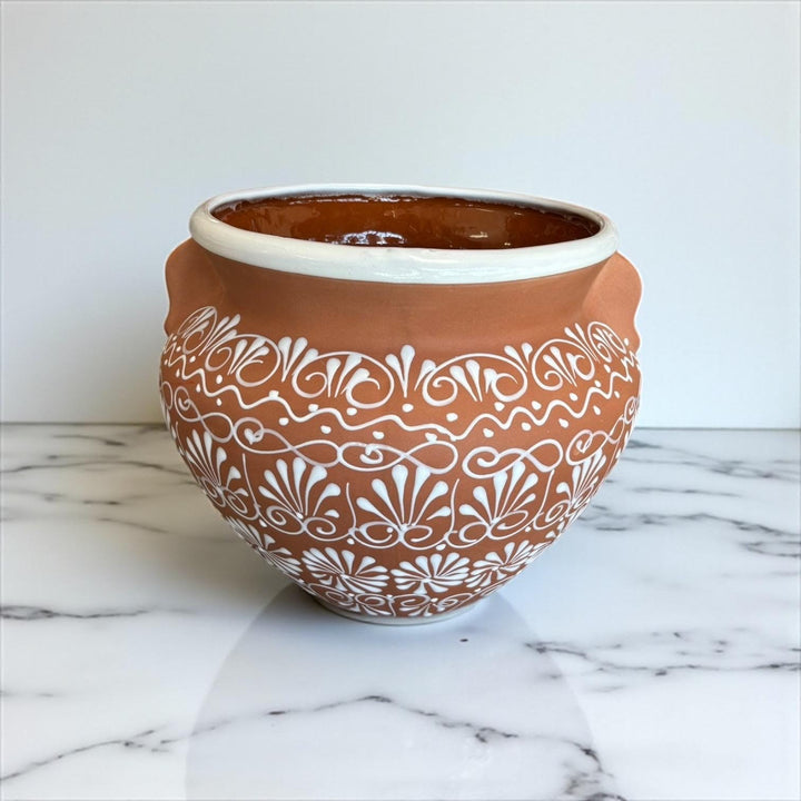 Hand Painted Terracotta & White Rustic Pot with Faux Handles (Varying Design) – Free Shipping (Contiguous U.S. Only)