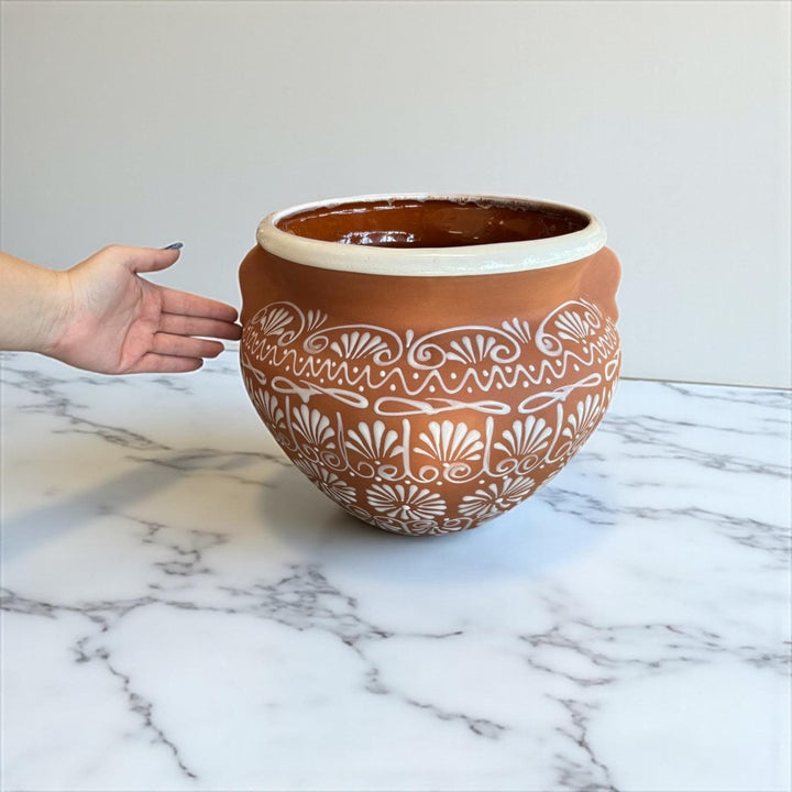 Hand Painted Terracotta & White Rustic Pot with Faux Handles (Varying Design) – Free Shipping (Contiguous U.S. Only)