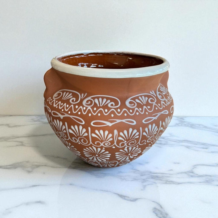 Hand Painted Terracotta & White Rustic Pot with Faux Handles (Varying Design) – Free Shipping (Contiguous U.S. Only)