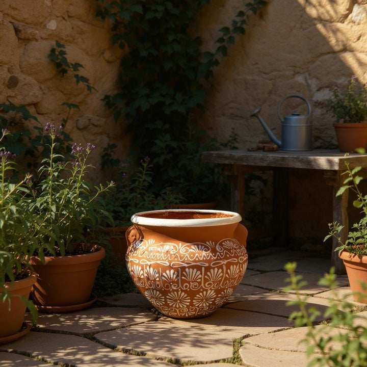 Hand Painted Terracotta & White Rustic Pot with Faux Handles (Varying Design) – Free Shipping (Contiguous U.S. Only)