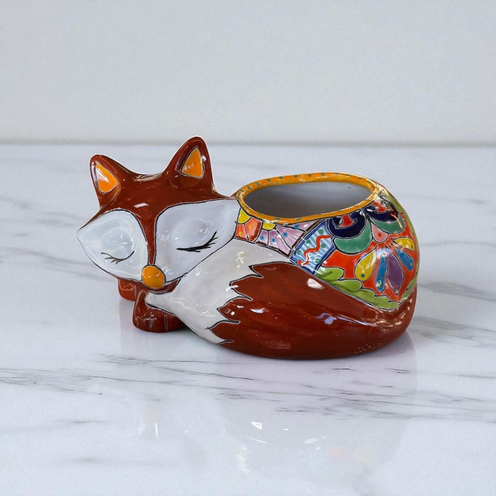 Cute Hand Painted Mexican Talavera Brown Fox Animal Planter Pot (Varying Design)