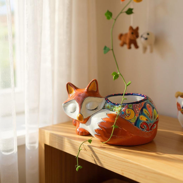 Cute Hand Painted Mexican Talavera Brown Fox Animal Planter Pot (Varying Design)