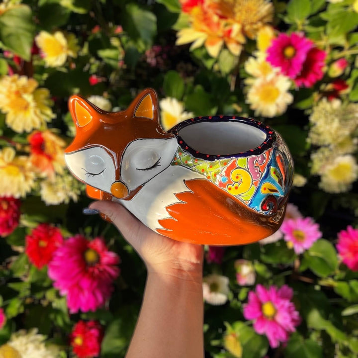 Cute Hand Painted Mexican Talavera Brown Fox Animal Planter Pot (Varying Design)
