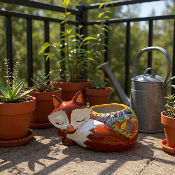 Cute Hand Painted Mexican Talavera Brown Fox Animal Planter Pot (Varying Design)