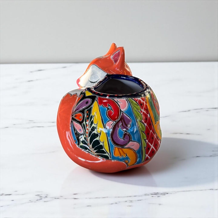 Cute Hand Painted Mexican Talavera Orange Fox Animal Planter Pot (Varying Design)