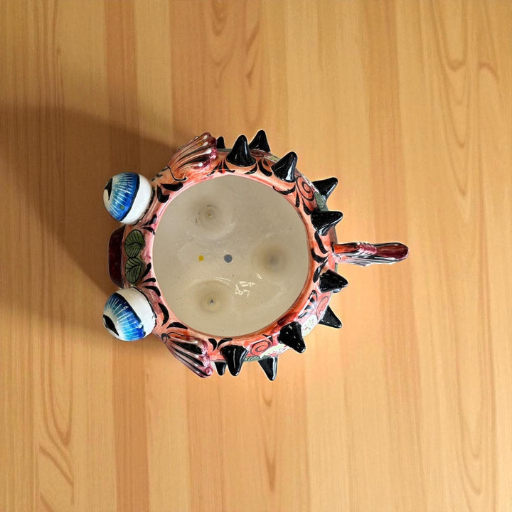 Beautiful Hand Painted Mexican Talavera Salmon Red Floral Pufferfish Planter Pot