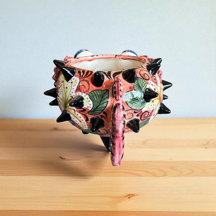 Beautiful Hand Painted Mexican Talavera Salmon Red Floral Pufferfish Planter Pot
