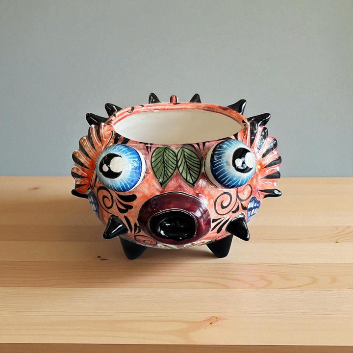 Beautiful Hand Painted Mexican Talavera Salmon Red Floral Pufferfish Planter Pot