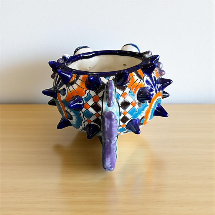 Beautiful Hand Painted Mexican Talavera Blue & Orange Pufferfish Planter Pot