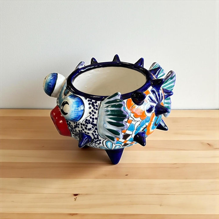 Beautiful Hand Painted Mexican Talavera Blue & Orange Pufferfish Planter Pot