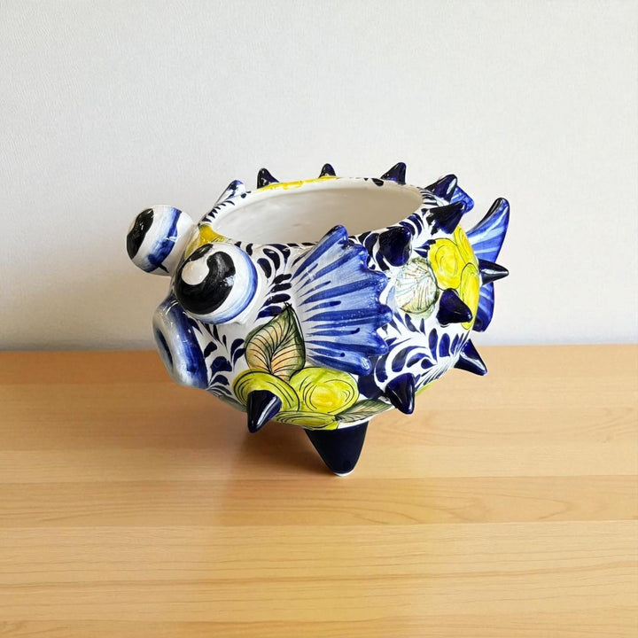 Beautiful Hand Painted Mexican Talavera White & Blue Lemon Pufferfish Planter Pot