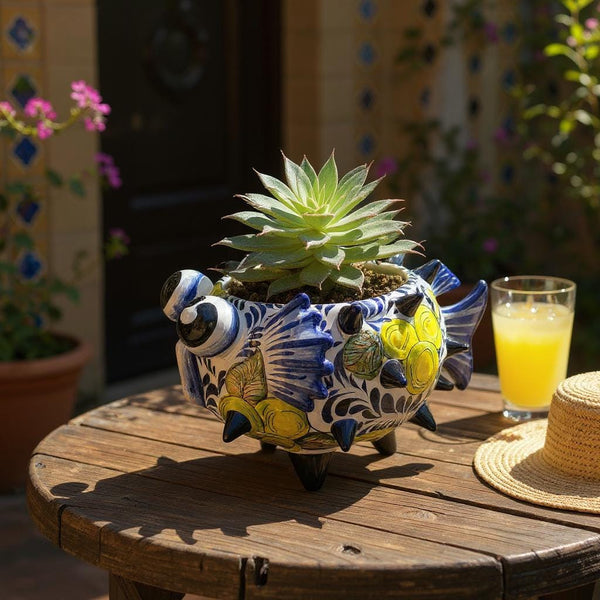 Beautiful Hand Painted Mexican Talavera White & Blue Lemon Pufferfish Planter Pot