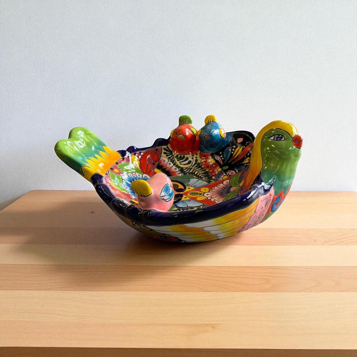 Hand Painted Mexican Talavera Tabletop Yellow Green Head Bird BirdBath