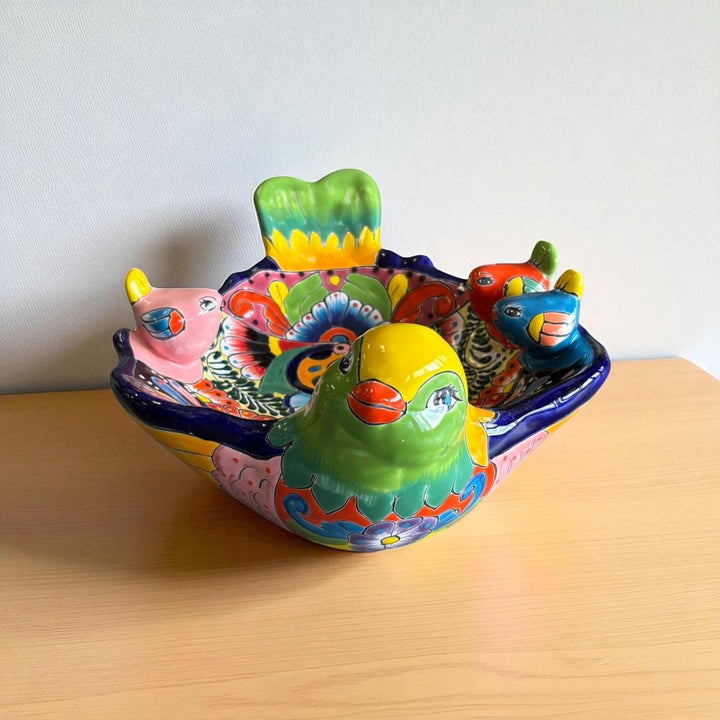 Hand Painted Mexican Talavera Tabletop Yellow Green Head Bird BirdBath