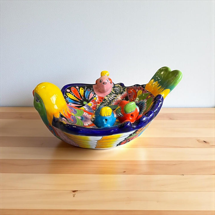 Hand Painted Mexican Talavera Tabletop Yellow Green Head Bird BirdBath