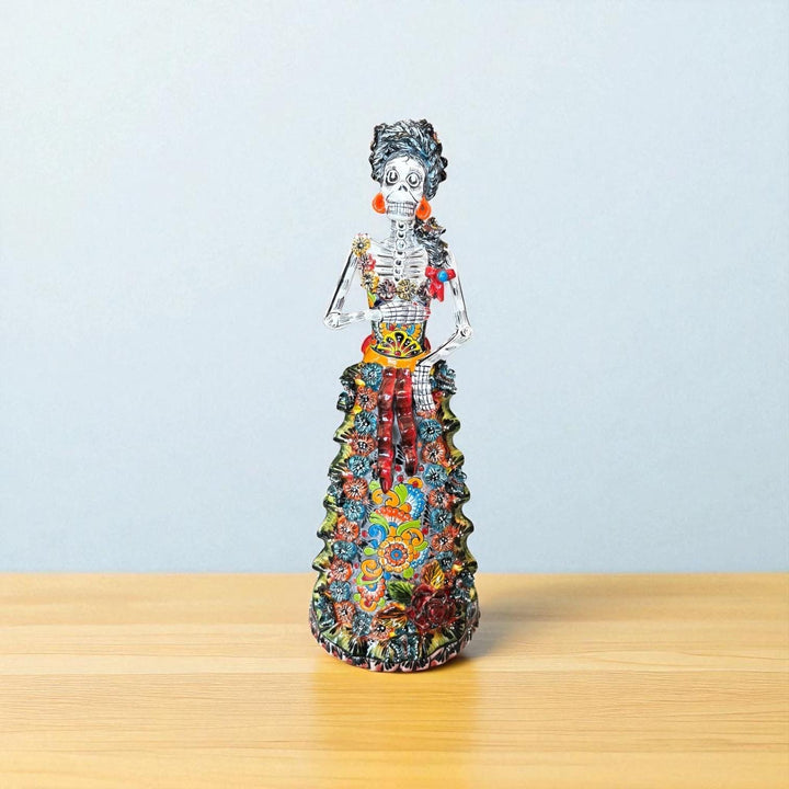 Medium Handcrafted & Handpainted Mexican Talavera Ribbons Catrina Skeleton Lady Figure