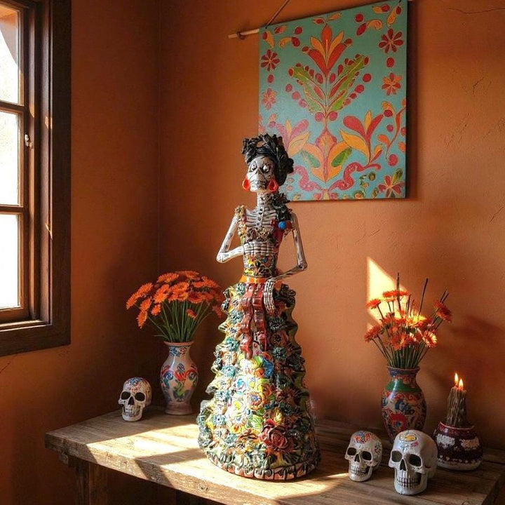 Medium Handcrafted & Handpainted Mexican Talavera Ribbons Catrina Skeleton Lady Figure