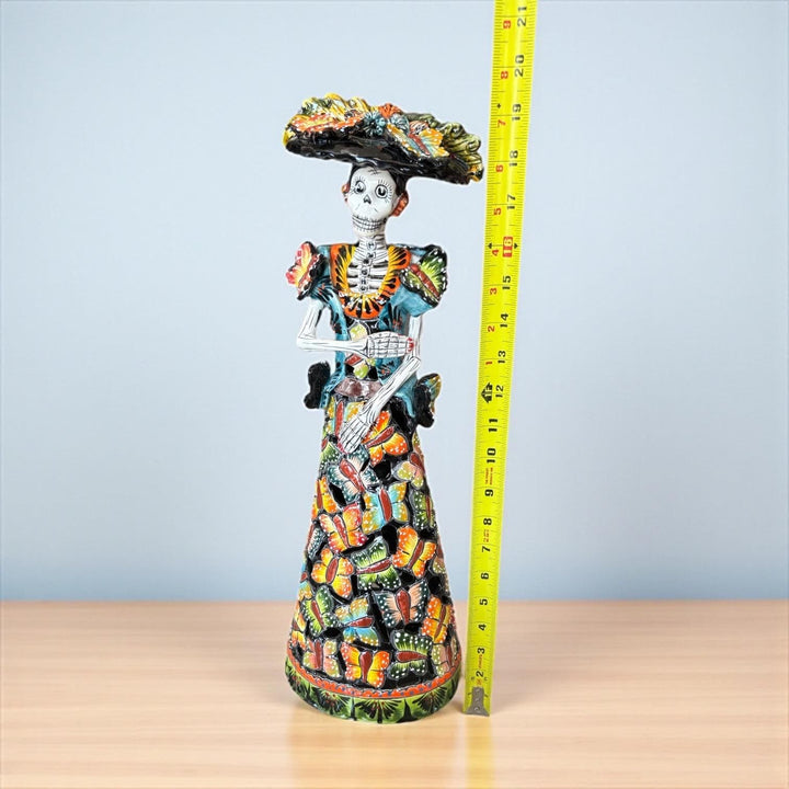 Medium Handcrafted & Handpainted Mexican Talavera Butterfly Catrina Skeleton Lady Figure