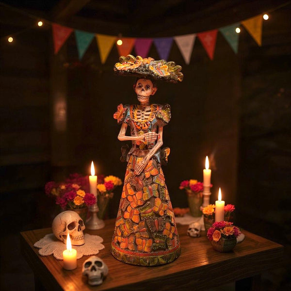 Medium Handcrafted & Handpainted Mexican Talavera Butterfly Catrina Skeleton Lady Figure