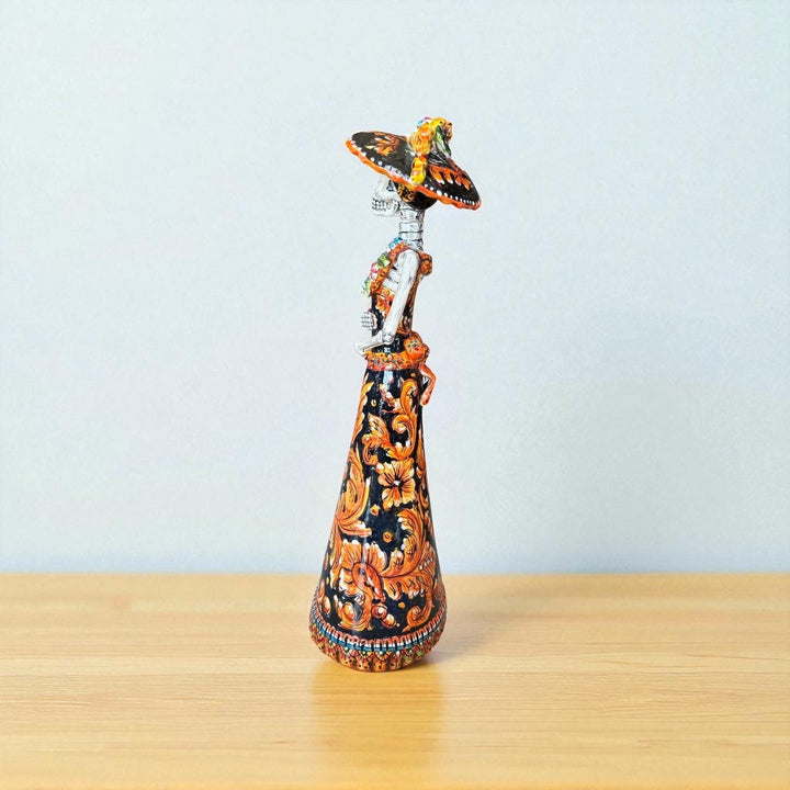 Medium Handcrafted & Handpainted Mexican Talavera Wide Brim Hat Orange Catrina Skeleton Lady Figure